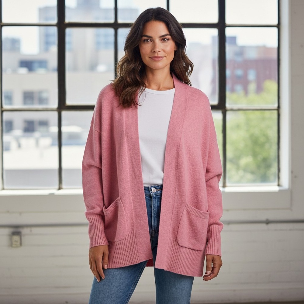 A New Day Cardigan Size M Pink Excellent Open Front Shawl Collar Pockets
